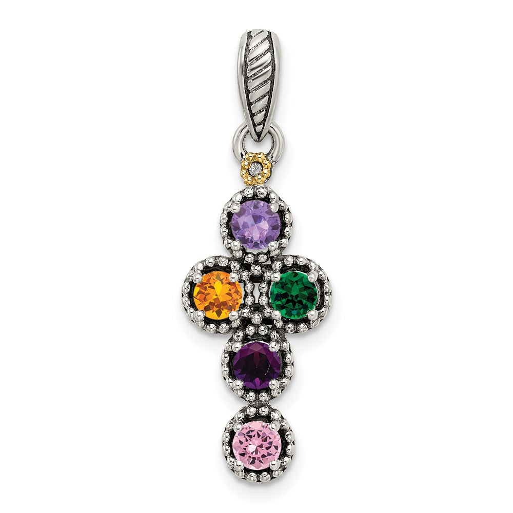 Sterling Silver Antiqued w/14k 5-stone w/Diamond Mother's Pendant