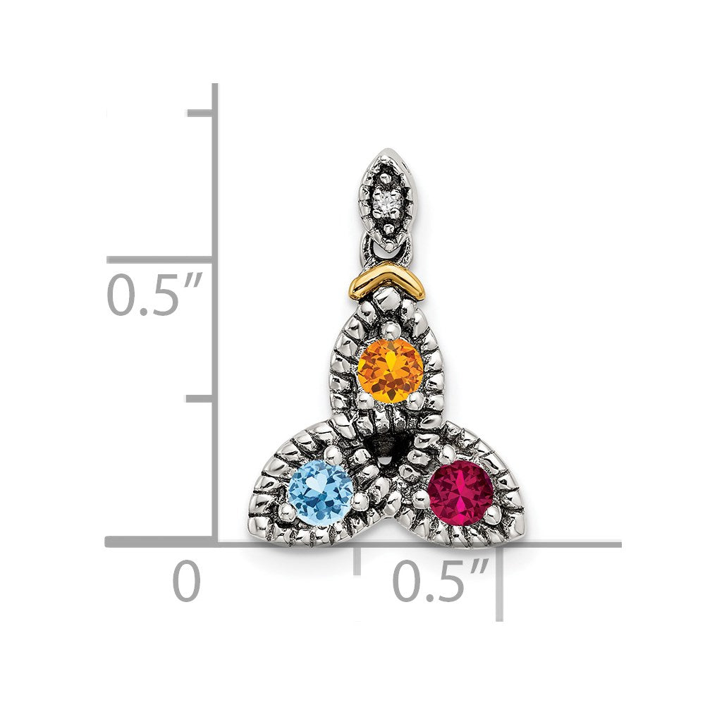 Sterling Silver Antiqued w/14k 3-stone w/Diamond Mother's Pendant