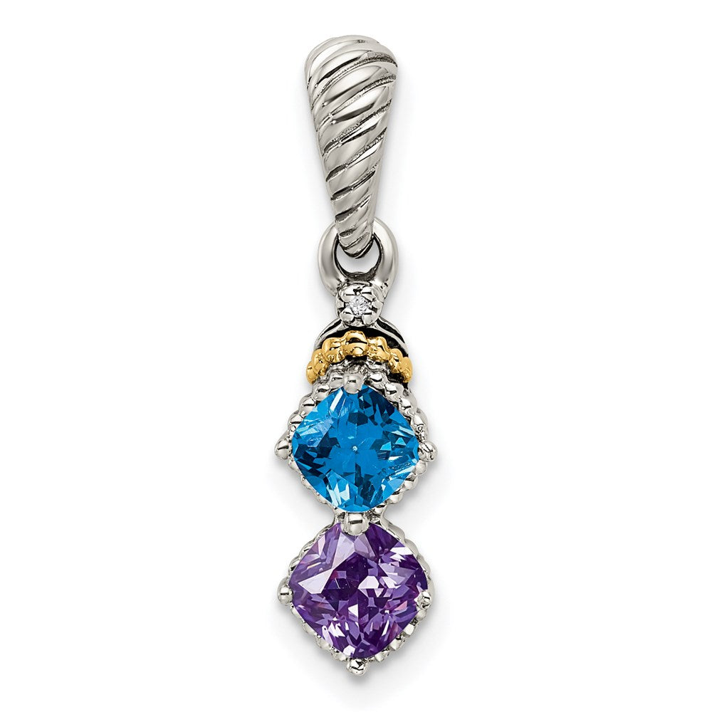 Sterling Silver Antiqued w/14k 2-stone w/Diamond Mother's Pendant