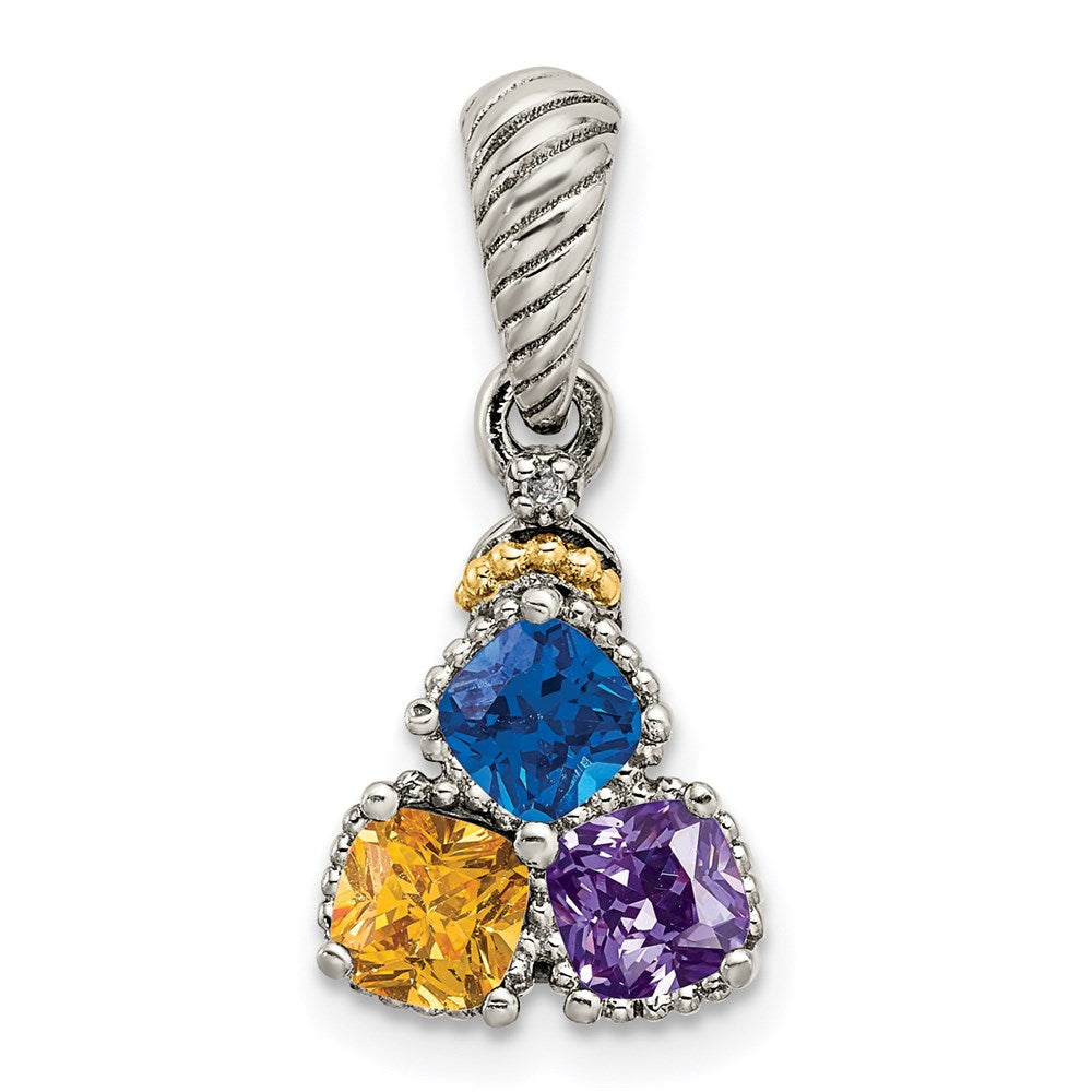 Sterling Silver Antiqued w/14k 3-stone w/Diamond Mothers Pendant Semi-Mount