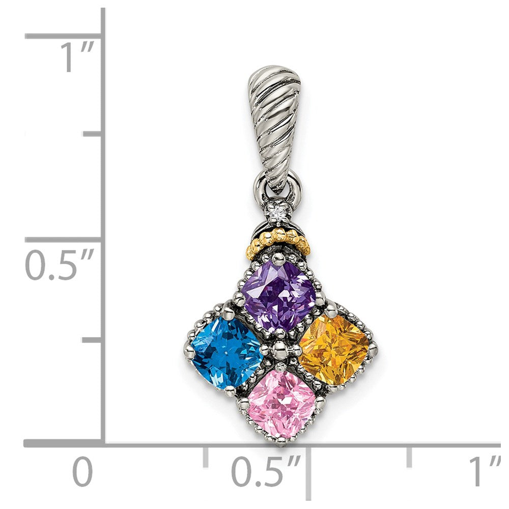 Sterling Silver Antiqued w/14k 4-stone w/Diamond Mother's Pendant