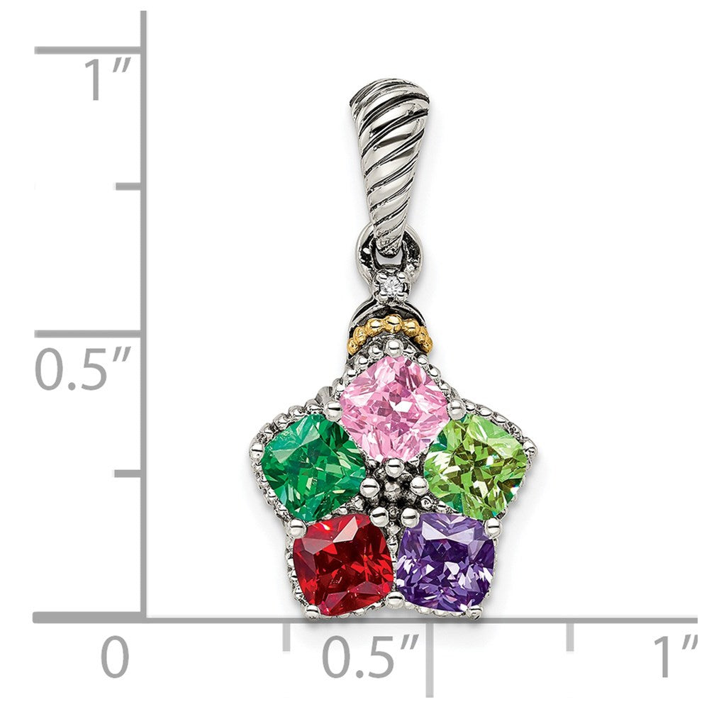 Sterling Silver Antiqued w/14k 5-stone w/Diamond Mother's Pendant