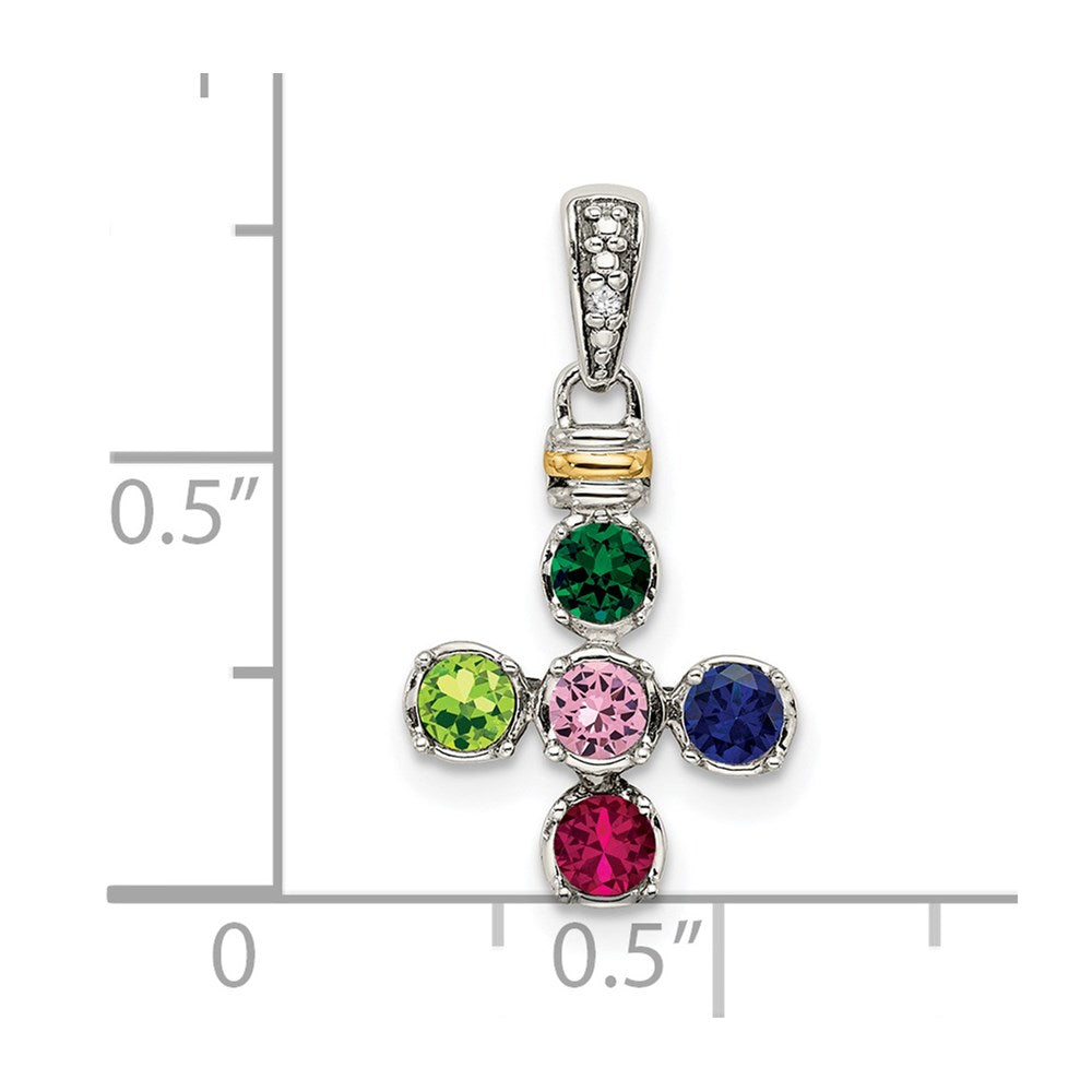 Sterling Silver Antiqued w/14k 5-stone w/Diamond Mother's Pendant