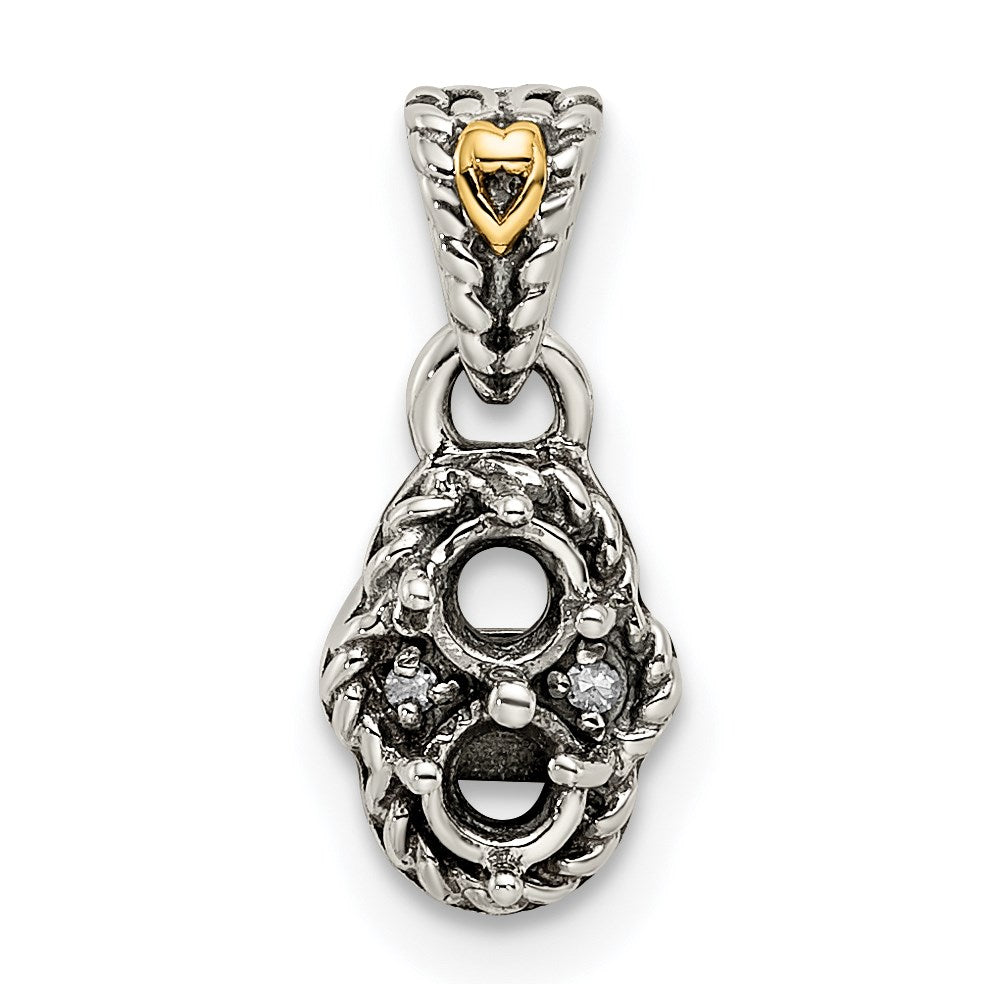 Sterling Silver Antiqued w/14k 2-stone w/Diamond Mothers Pendant Semi-Mount