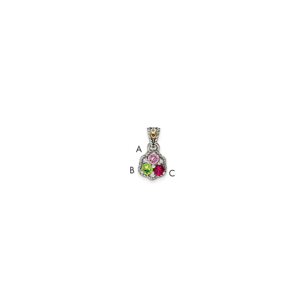 Sterling Silver Antiqued w/14k 3-stone w/Diamond Mother's Pendant