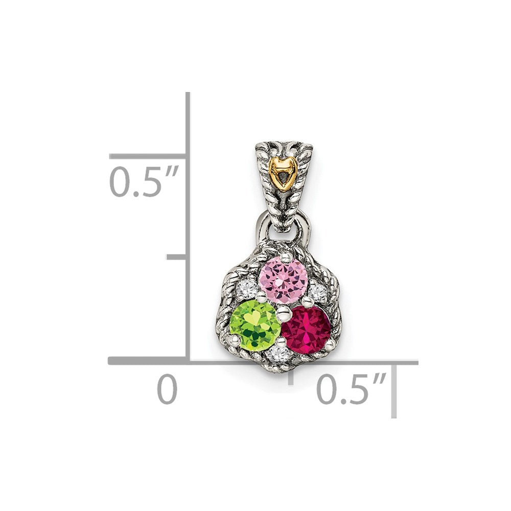 Sterling Silver Antiqued w/14k 3-stone w/Diamond Mother's Pendant