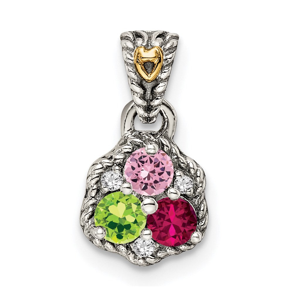 Sterling Silver Antiqued w/14k 3-stone w/Diamond Mother's Pendant