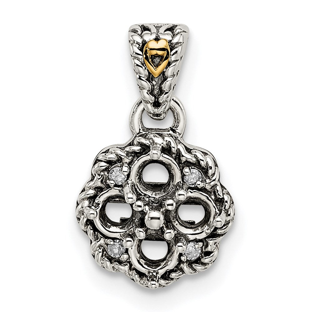 Sterling Silver Antiqued w/14k 4-stone w/Diamond Mothers Pendant Semi-Mount