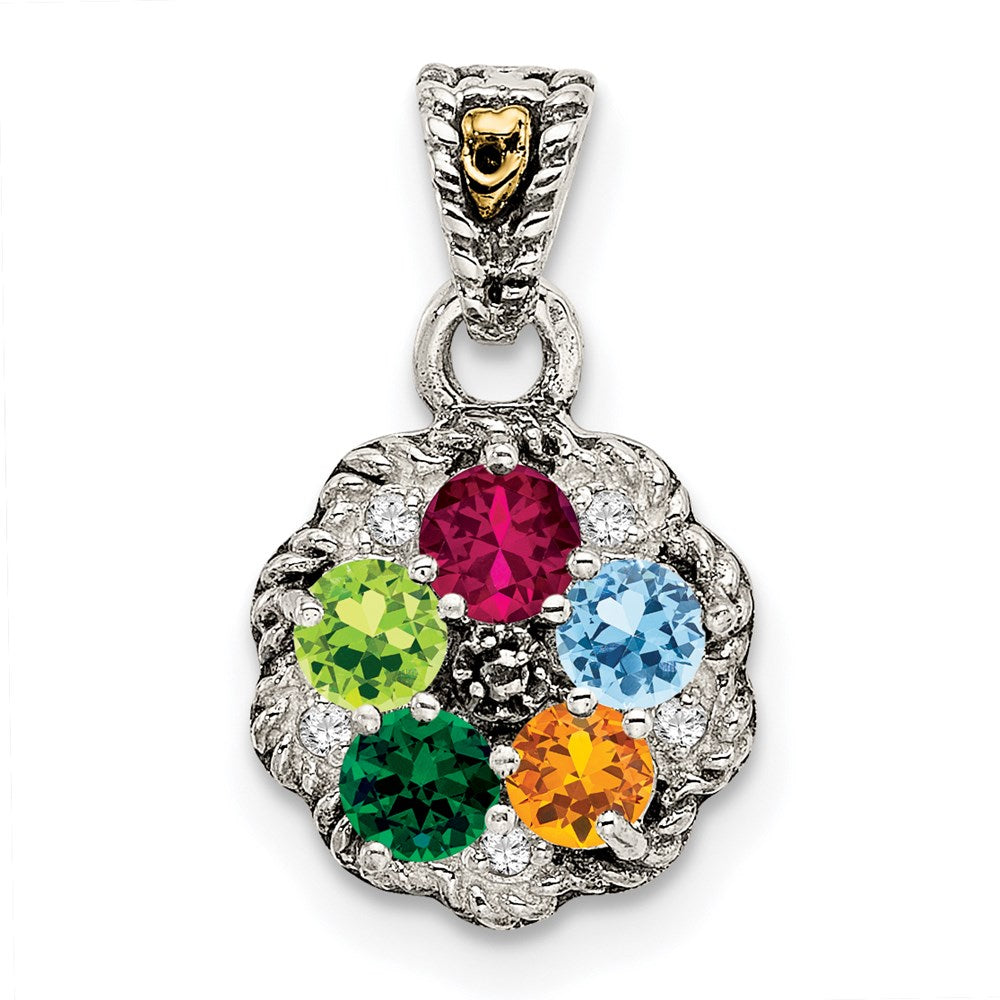 Sterling Silver Antiqued w/14k 5-stone w/Diamond Mother's Pendant
