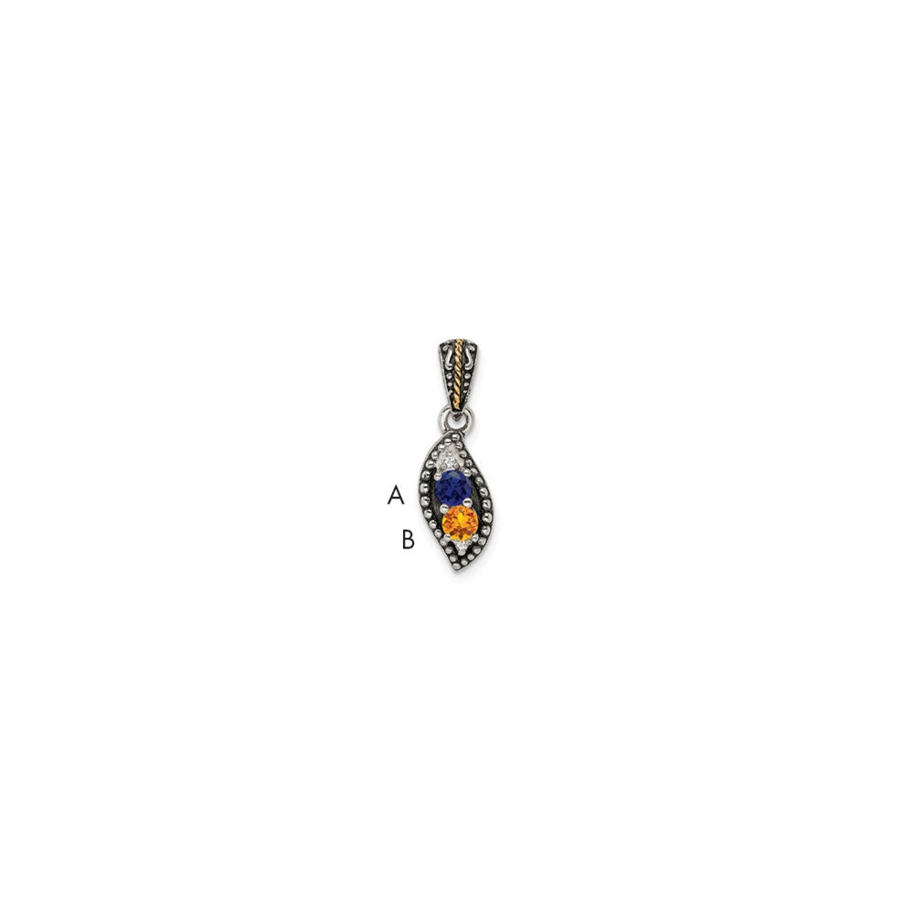Sterling Silver Antique w/14k 2-stone w/Diamond Family Pendant w/18in Chain