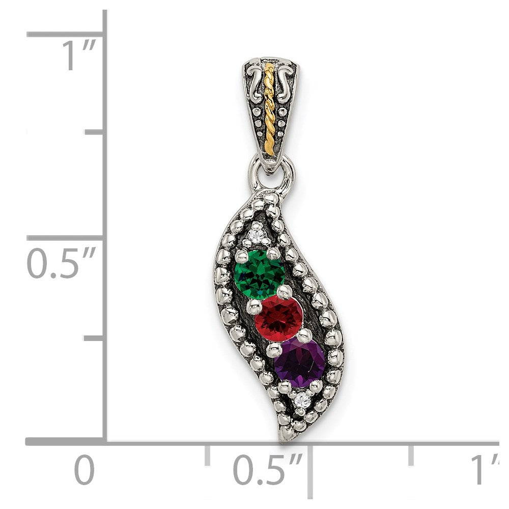 Sterling Silver Antiqued w/14k 3-stone w/Diamond Mother's Pendant