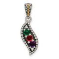 Sterling Silver Antique w/14k 3-stone w/Diamond Family Pendant w/18in Chain