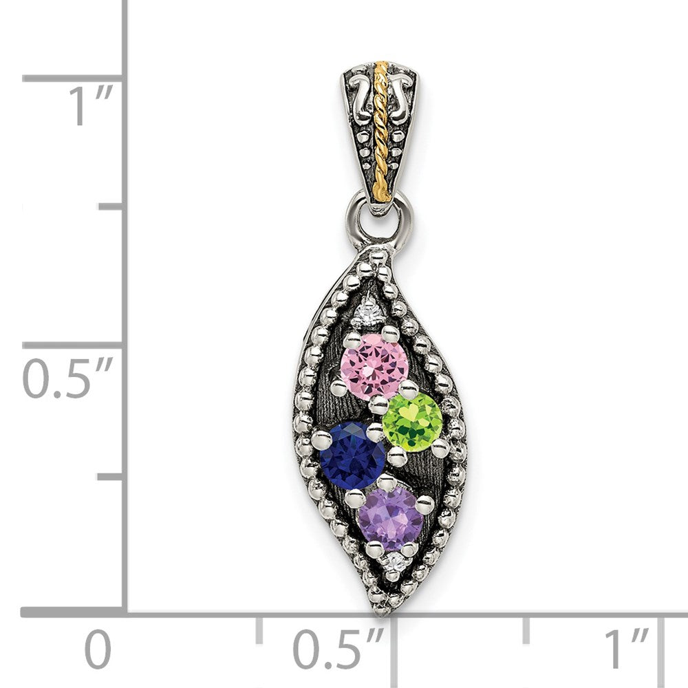 Sterling Silver Antique w/14k 4-stone w/Diamond Family Pendant w/18in Chain