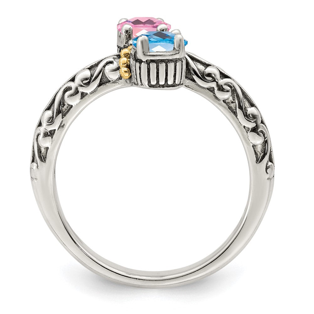Sterling Silver Antiqued w/14k 2-stone Mother's Ring
