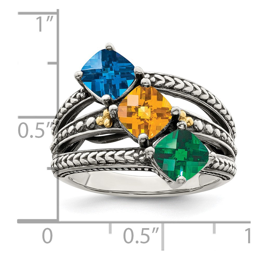 Sterling Silver Antiqued w/14k 3-stone Mother's Ring