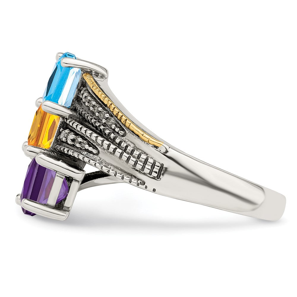 Sterling Silver Antiqued w/14k 3-stone w/Diamond Mother's Ring