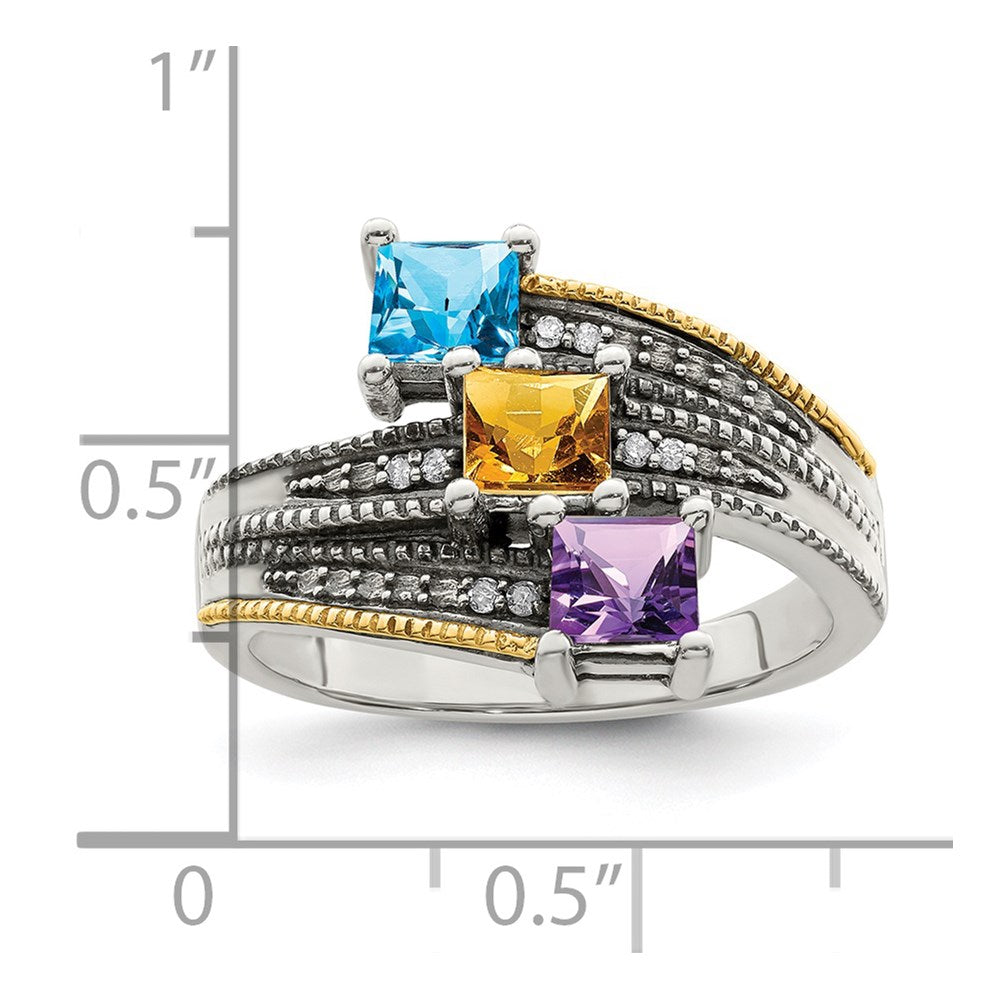 Sterling Silver Antiqued w/14k 3-stone w/Diamond Mother's Semi-Mount Ring