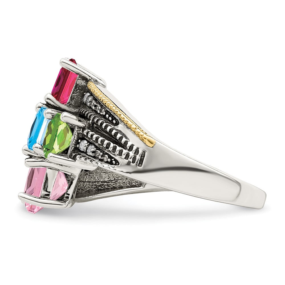 Sterling Silver Antiqued w/14k 5-stone w/Diamond Mother's Ring