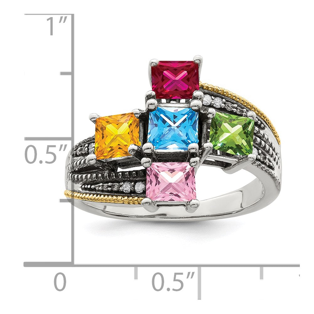 Sterling Silver Antiqued w/14k 5-stone w/Diamond Mother's Semi-Mount Ring