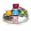 Sterling Silver Antiqued w/14k 5-stone w/Diamond Mother's Ring
