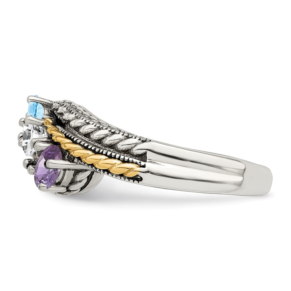 Sterling Silver Antiqued w/14k 3-stone Mother's Ring