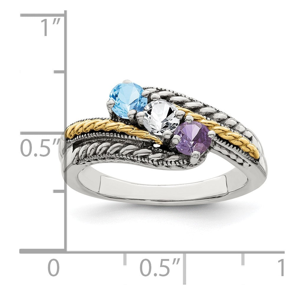 Sterling Silver Antiqued w/14k 3-stone Mother's Ring