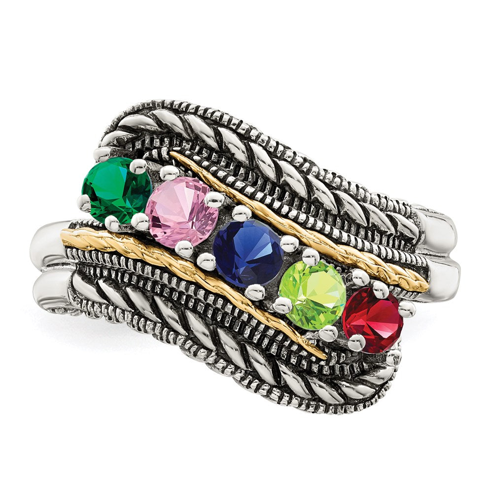Sterling Silver Antiqued w/14k 5-stone Mother's Ring