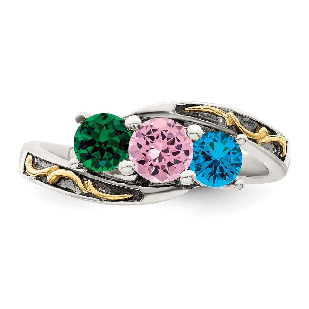 Sterling Silver Antiqued w/14k 3-stone Mother's Ring