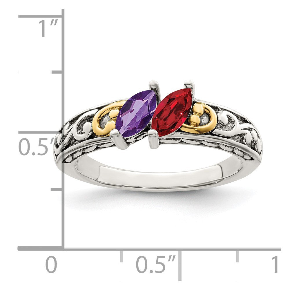 Sterling Silver Antiqued w/14k 2-stone Mother's Ring