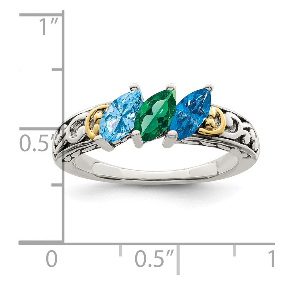 Sterling Silver Antiqued w/14k 3-stone Mother's Ring