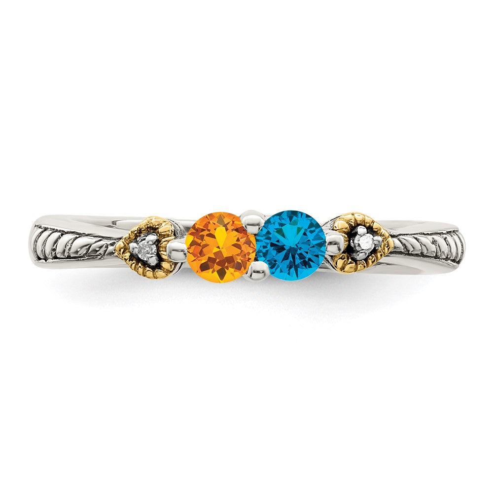 Sterling Silver Antiqued w/14k 2-stone w/Diamond Mother's Ring