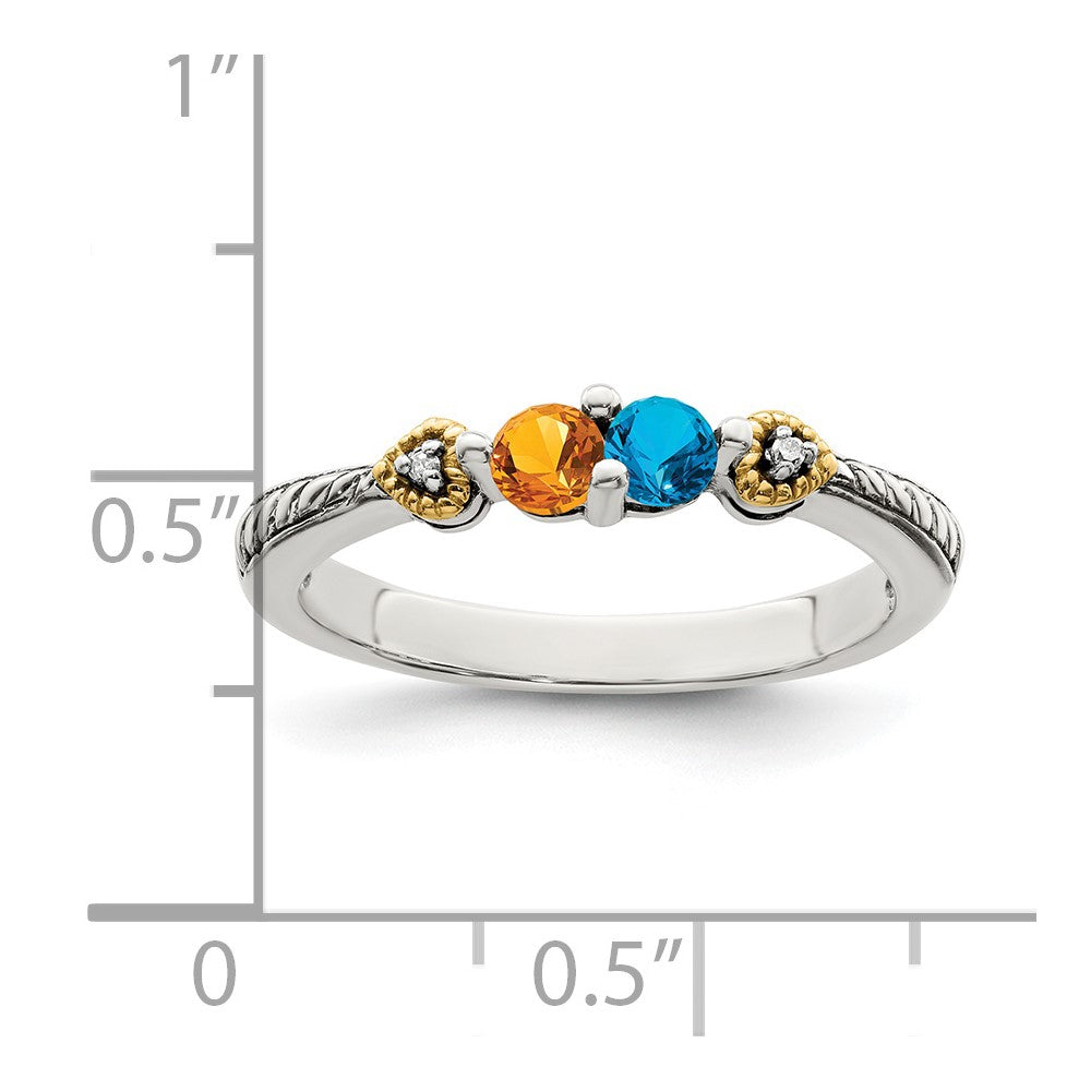 Sterling Silver Antiqued w/14k 2-stone w/Diamond Mother's Ring