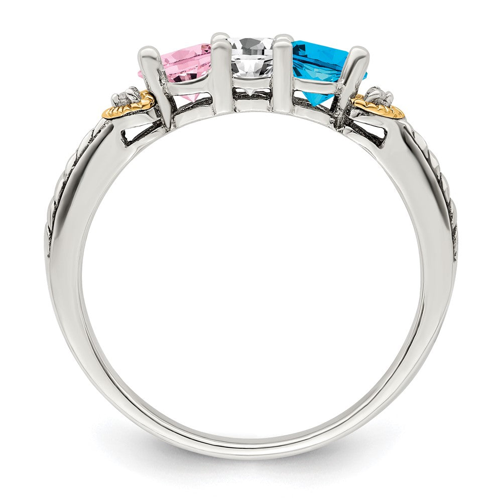 Sterling Silver Antiqued w/14k 3-stone w/Diamond Mother's Ring