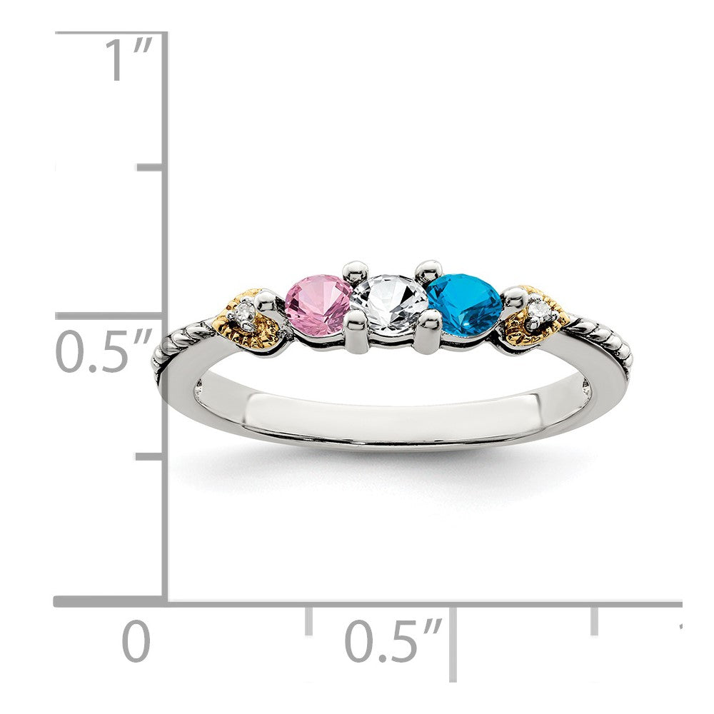 Sterling Silver Antiqued w/14k 3-stone w/Diamond Mother's Ring