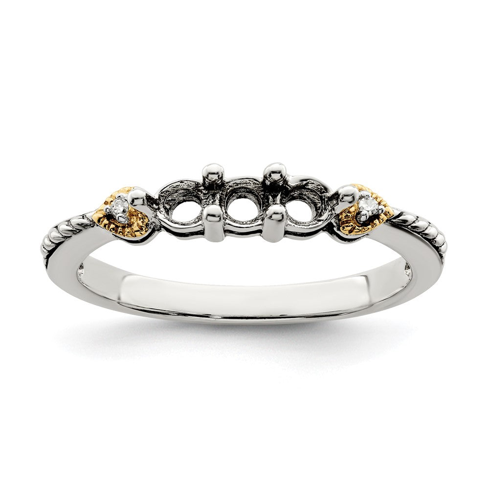 Sterling Silver Antiqued w/14k 3-stone w/Diamond Mother's Semi-Mount Ring