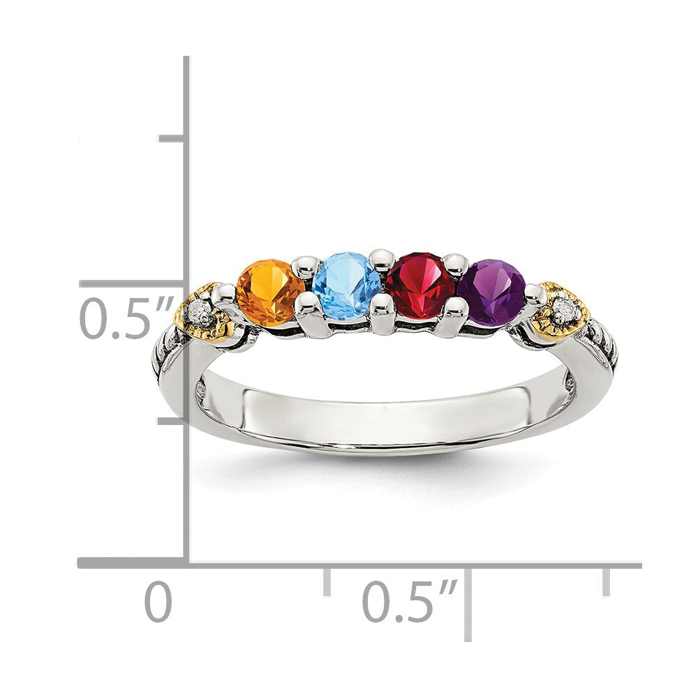 Sterling Silver Antiqued w/14k 4-stone w/Diamond Mother's Ring