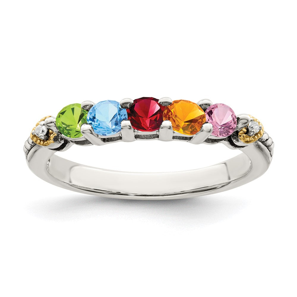 Sterling Silver Antiqued w/14k 5-stone w/Diamond Mother's Ring
