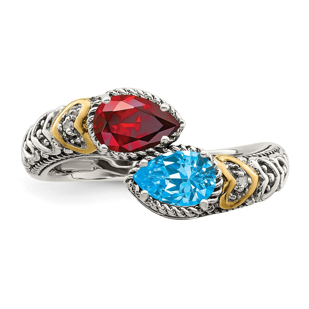 Sterling Silver Antiqued w/14k 2-stone w/Diamond Mother's Ring