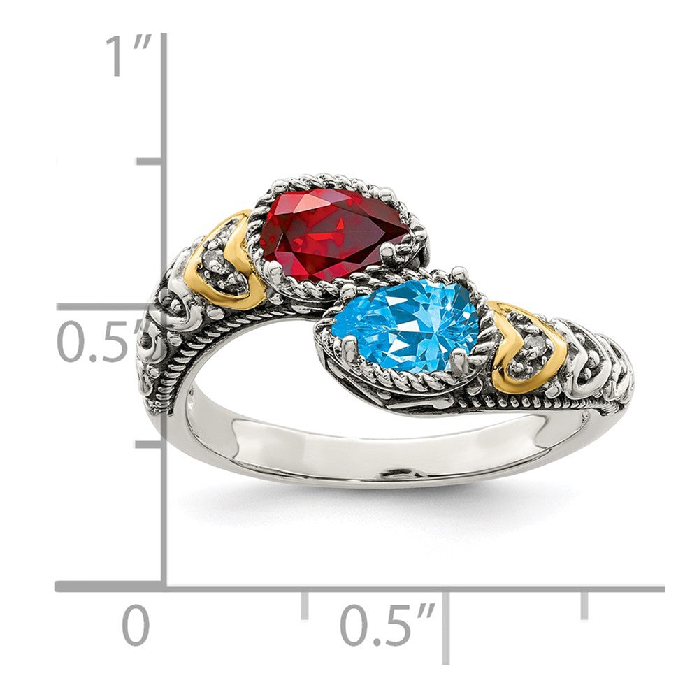 Sterling Silver Antiqued w/14k 2-stone w/Diamond Mother's Ring Semi-Mount