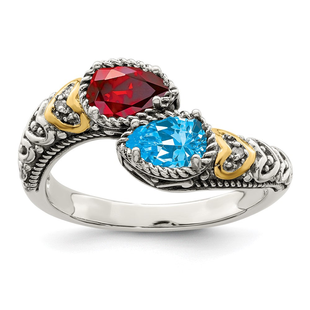 Sterling Silver Antiqued w/14k 2-stone w/Diamond Mother's Ring