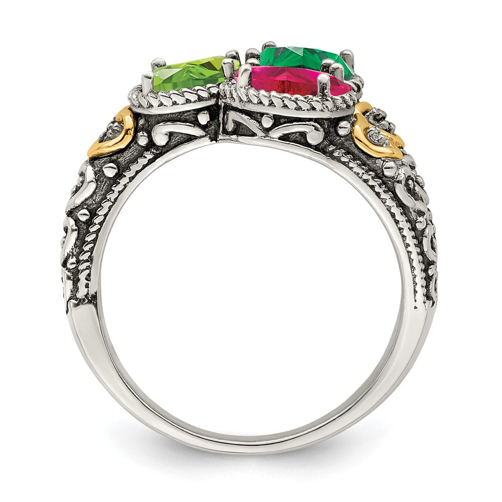 Sterling Silver Antiqued w/14k 3-stone w/Diamond Mother's Ring