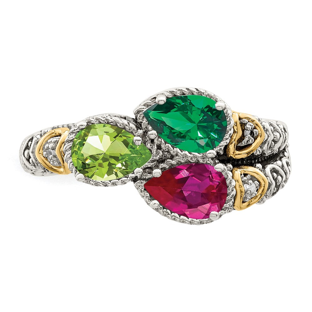 Sterling Silver Antiqued w/14k 3-stone w/Diamond Mother's Ring