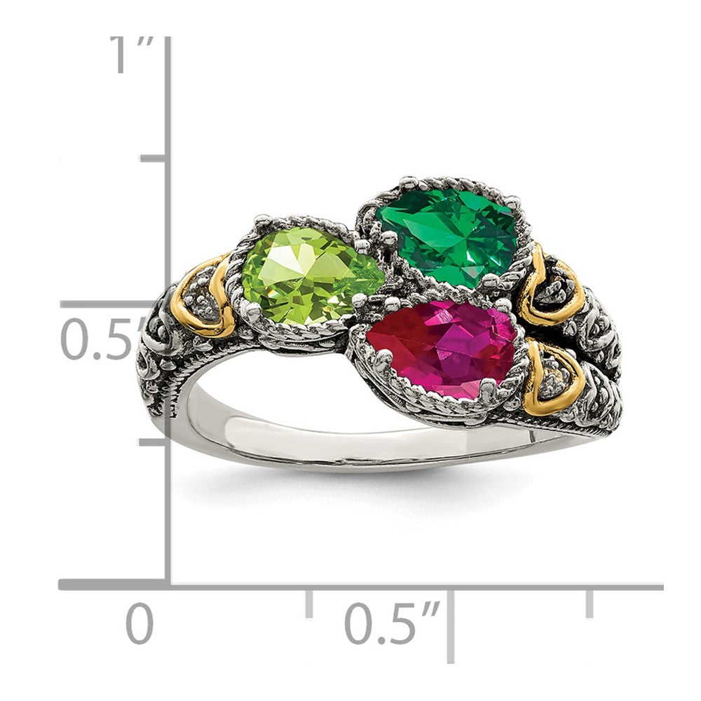 Sterling Silver Antiqued w/14k 3-stone w/Diamond Mother's Ring Semi-Mount