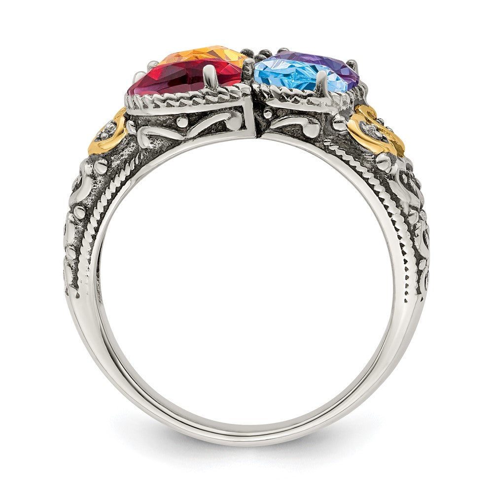 Sterling Silver Antiqued w/14k 4-stone w/Diamond Mother's Ring