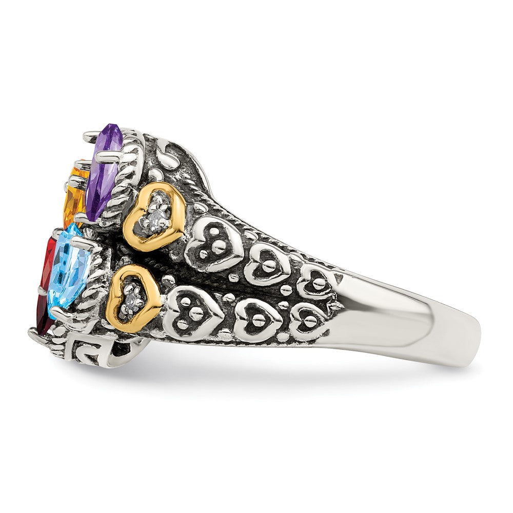 Sterling Silver Antiqued w/14k 4-stone w/Diamond Mother's Ring