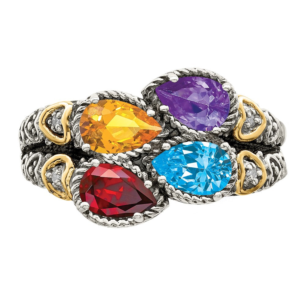 Sterling Silver Antiqued w/14k 4-stone w/Diamond Mother's Ring