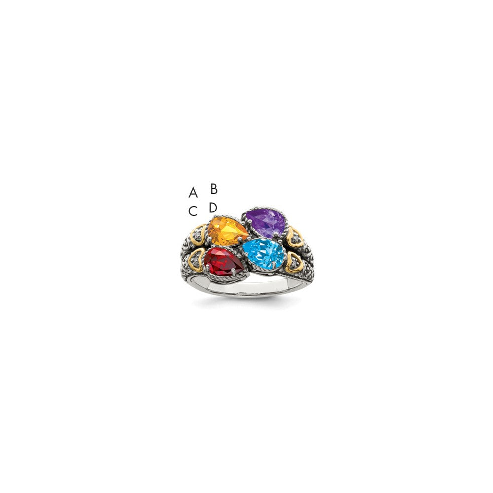 Sterling Silver Antiqued w/14k 4-stone w/Diamond Mother's Ring Semi-Mount