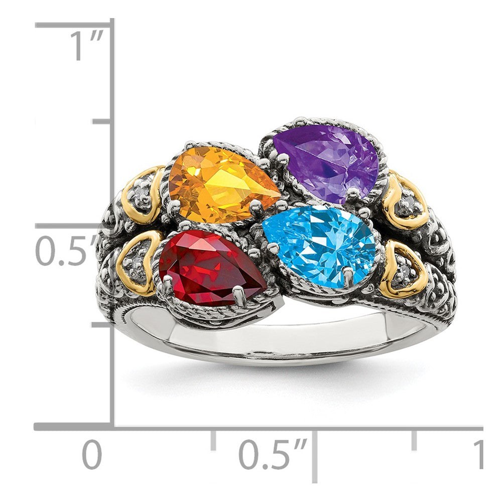 Sterling Silver Antiqued w/14k 4-stone w/Diamond Mother's Ring
