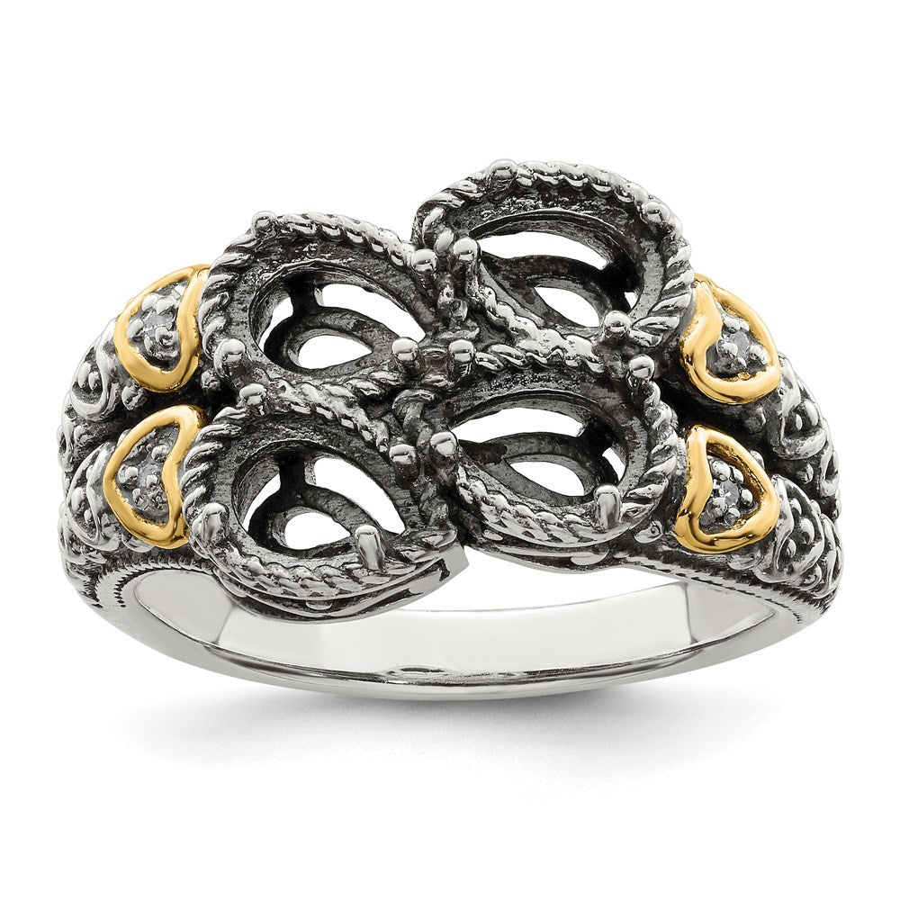 Sterling Silver Antiqued w/14k 4-stone w/Diamond Mother's Ring