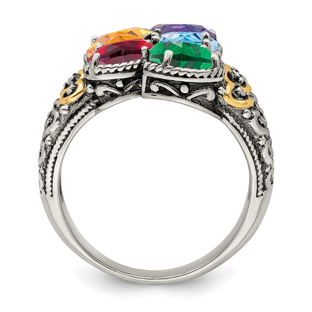 Sterling Silver Antiqued w/14k 5-stone w/Diamond Mother's Ring